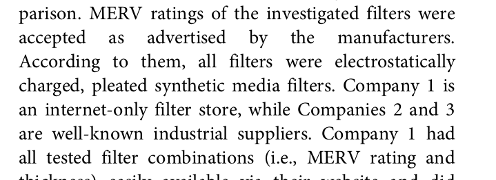 parison. MERV ratings of the investigated filters were
accepted as advertised by the manufacturers.
According to them, all filters were electrostatically
charged, pleated synthetic media filters. Company 1 is
an internet-only filter store, while Companies 2 and 3
are well-known industrial suppliers. Company 1 had
all tested filter combinations (i.e., MERV rating and