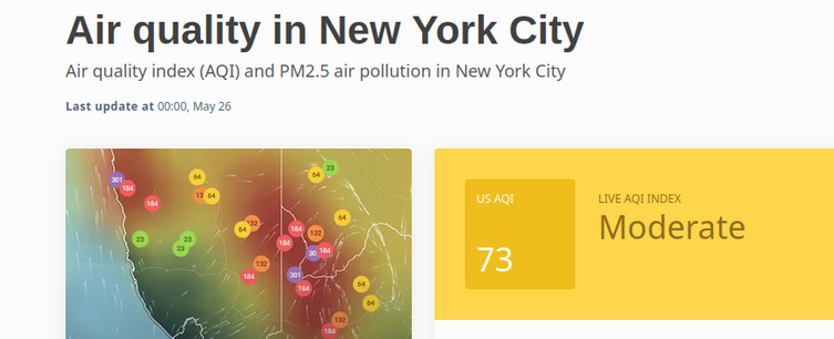 Screenshot from iqair.com, showing Air Quality In NYC's live AQI index is currently (as of midnight) at 73.
