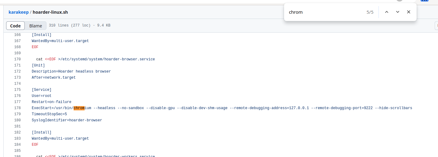 Screenshot from that shell script, showing that it creates a systemd service called hoarder-browser.service that runs as the root user, and spawns a headless chromium process.