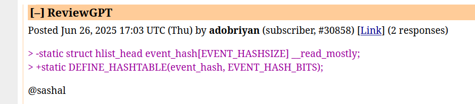 Comment by "adobriyan" showing the commit in question, which replaces a "struct hlist_head event_hash[EVENT_HASHSIZE] __read_mostly" with "DEFINE_HASHTABLE(event_hash, EVENT_HASH_BITS)"