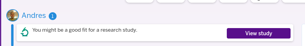 Small part of mychart webpage, showing that "Andres" has 1 message; that message is, "You might be a good fit for a research study," with a "View study" link.